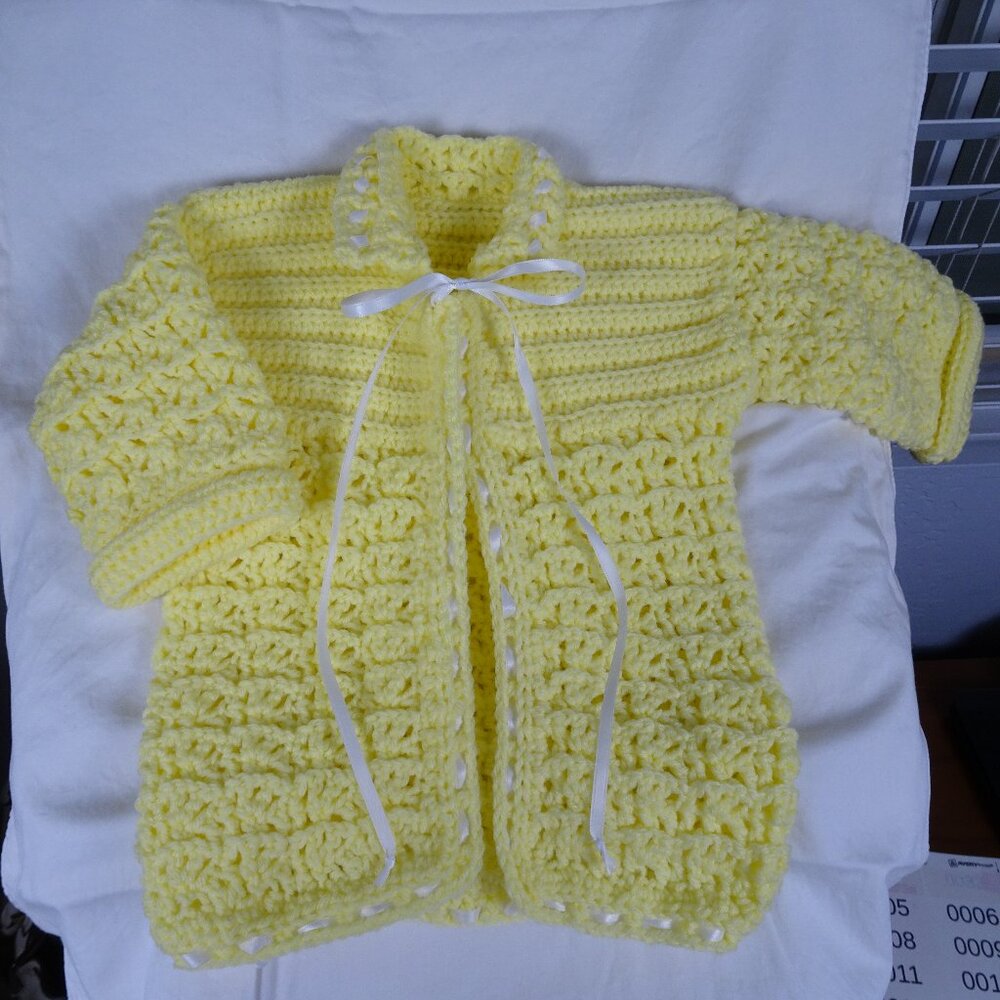 Handmade Crochet Baby Cardigan Sweater Yellow With White ribbon.